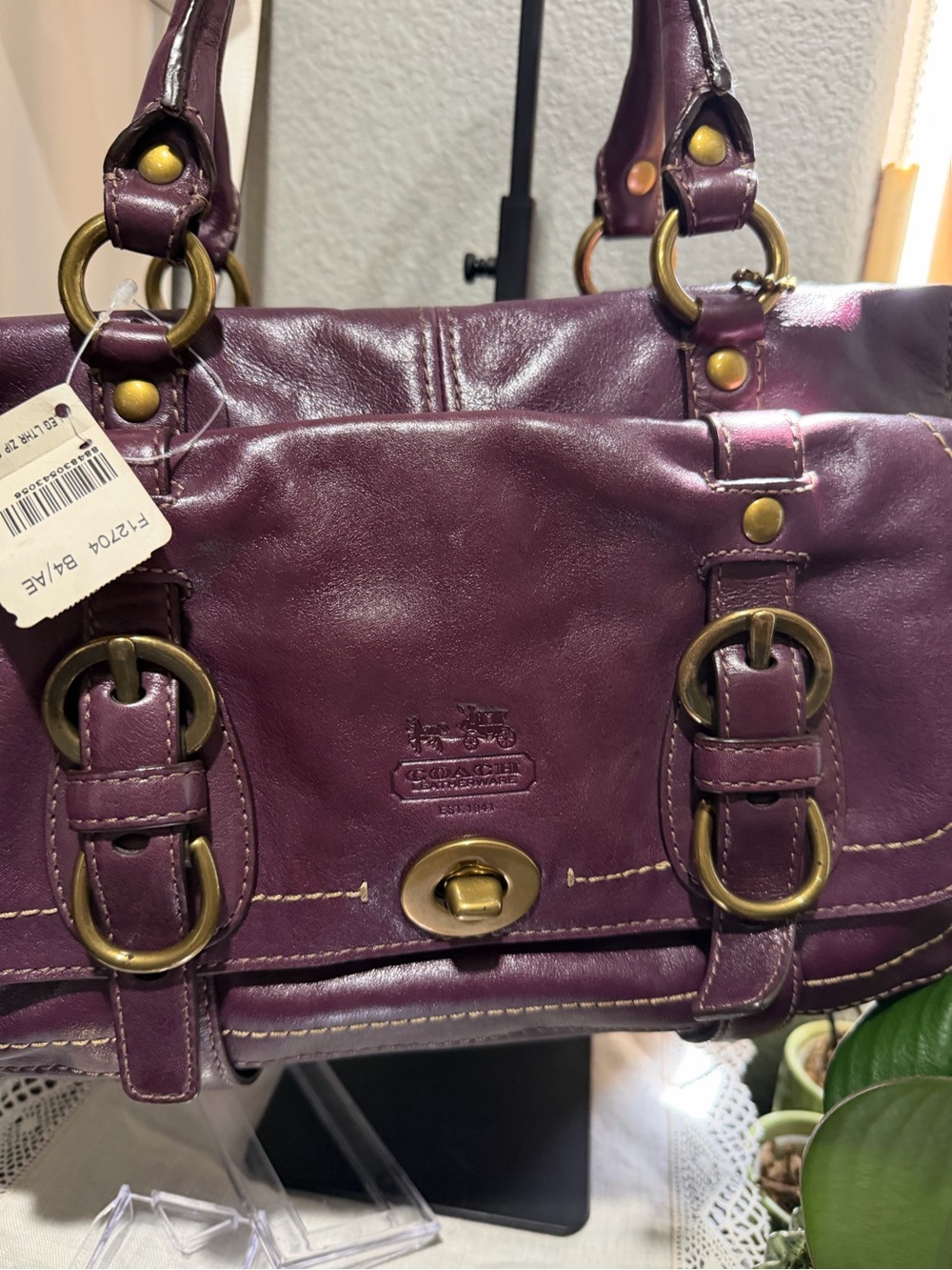 Women’s Purple Leather Satchel Handbag - Picture 2 of 7